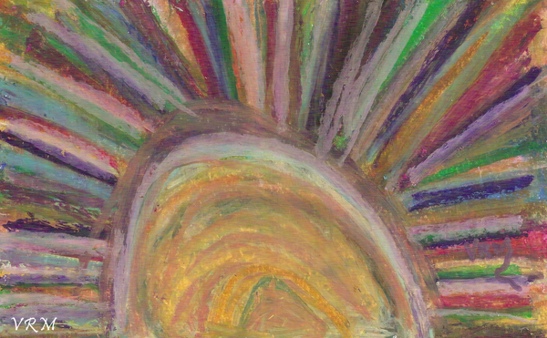 Rainbow Sun, oil pastel on paper, 5.5x8 inches, available